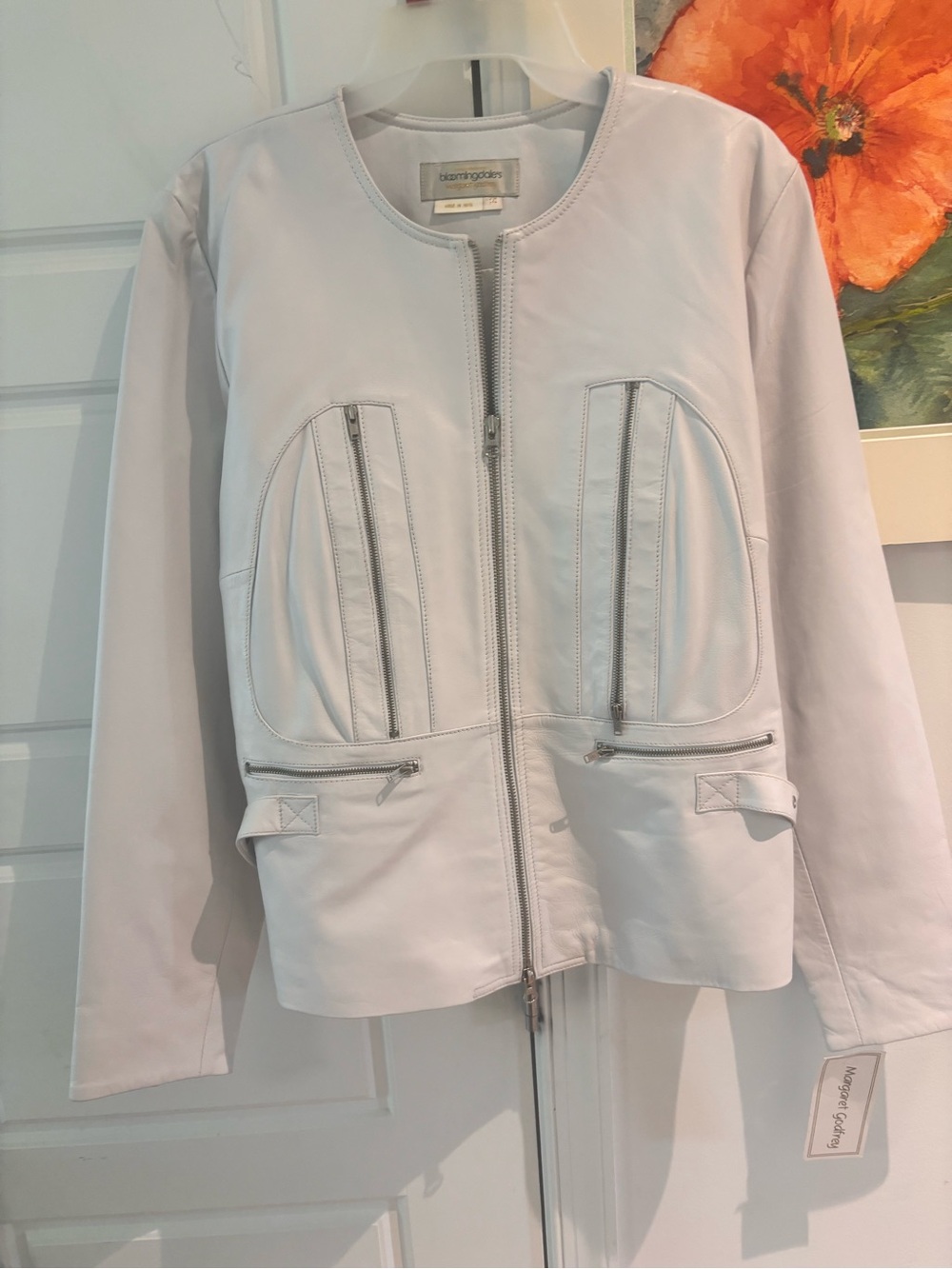 Bloomingdale's white cream Leather Zip Jacket size Large 12 14 new zippers